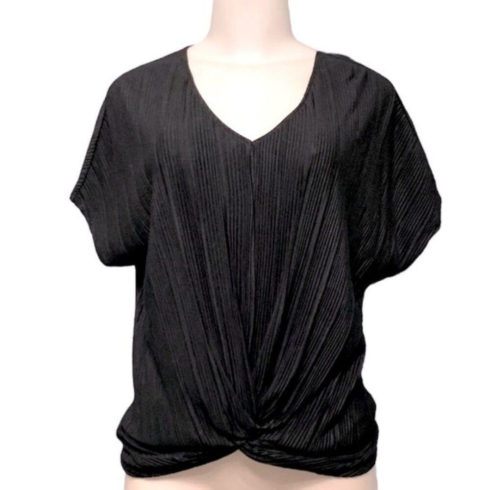 Andrea Jovine Black Crinkle Front Knot Dolman Short Sleeve Top Size Small
